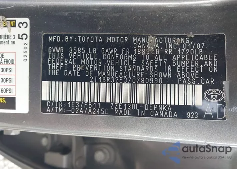 2007 Toyota Corolla Le из США, поврежденный, VIN 2T1BR32E37C780990